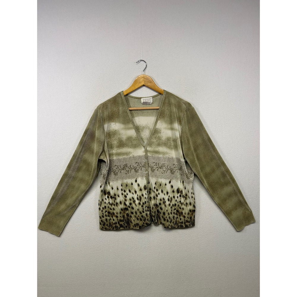 TESS Earthy Artsy Whimsigoth Womens XL Green‎ Mixed Print Pleated Cardigan Top